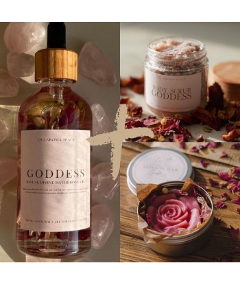 Lot - Goddess - Huile parfumée corps - 100 ml + Gommage pour le corps naturel - 280 g + Lotion solide hydratante 95 g est présent 